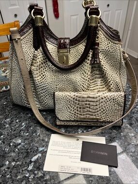 Brahmin Cream and Dark Brown Croc-Embossed Shoulder Hobo with Matching Wallet